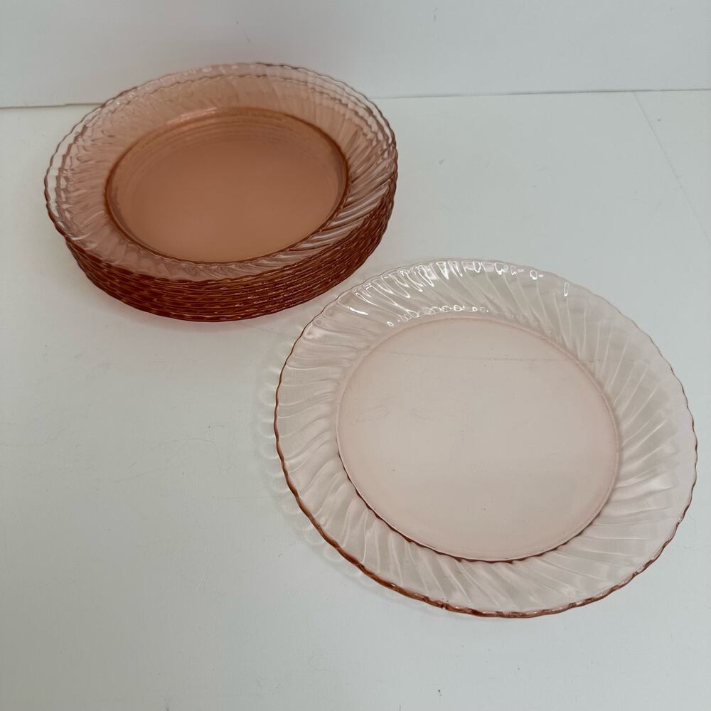 Set/4 Vtg Arcoroc Pink Swirl Salad Plates 7 3/4"  France Depression Rosaline